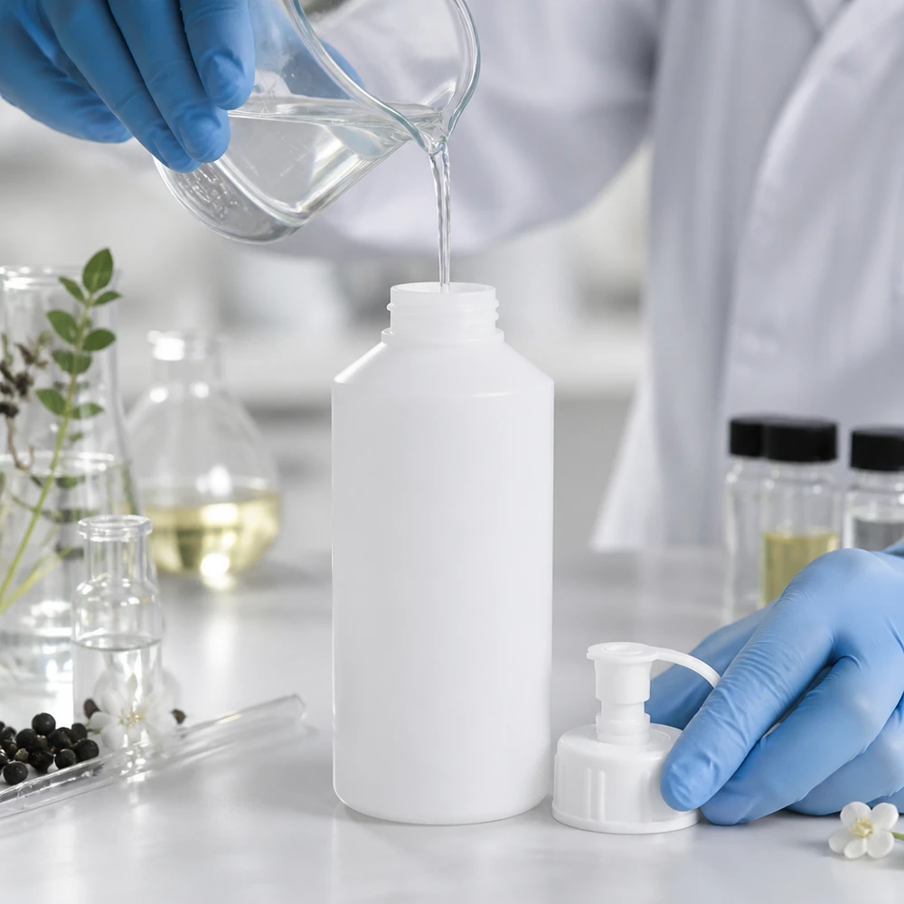 Laborant w niebieskiej rękawiczce napełnia białą butelkę aptekarską z HDPE o pojemności 50 ml z pompką