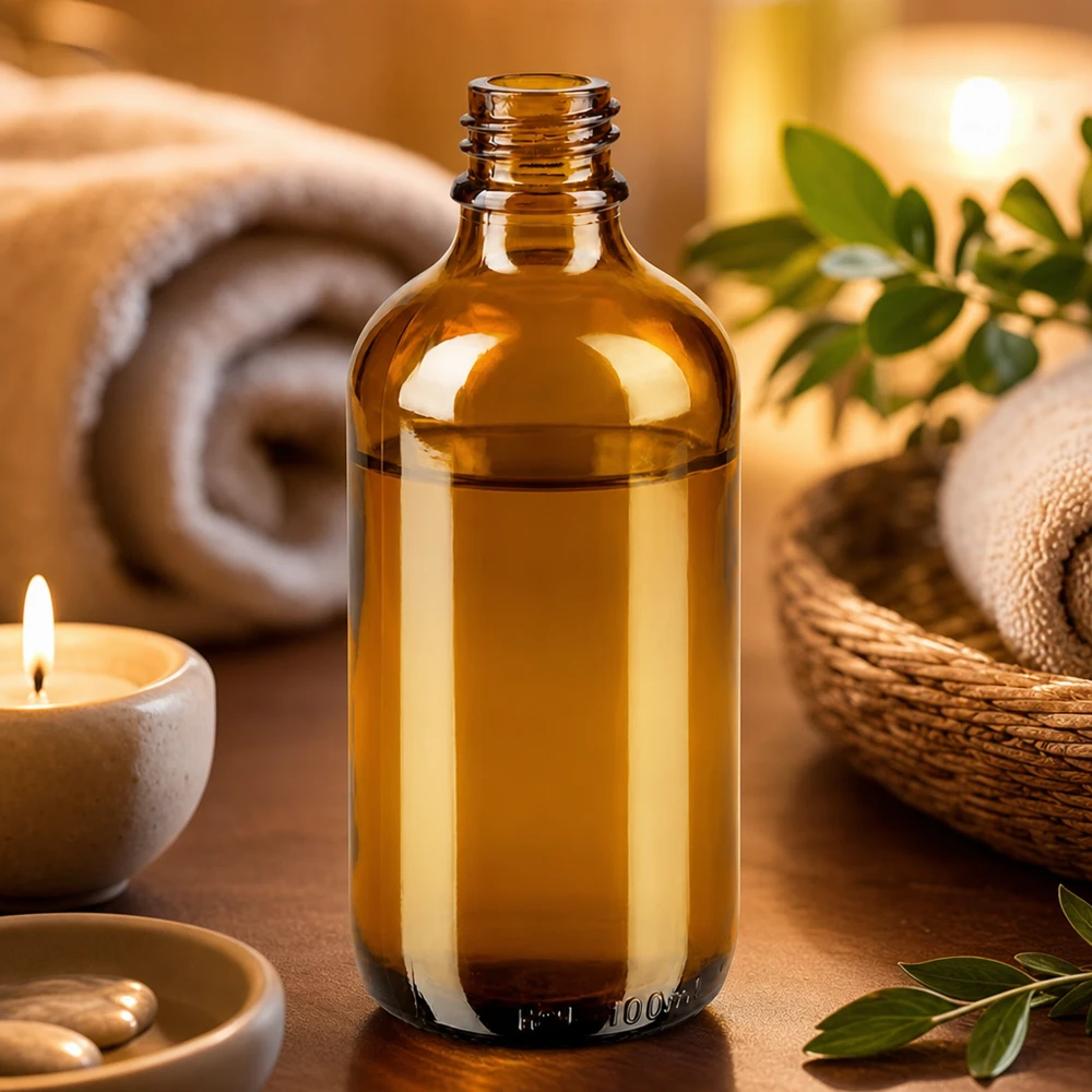 100ml brązowa butelka apteczna ApoGlas Brązowa butelka apteczna ApoGlas 100 ml w ciepłej atmosferze wellness ze świecami i zielonymi liśćmi