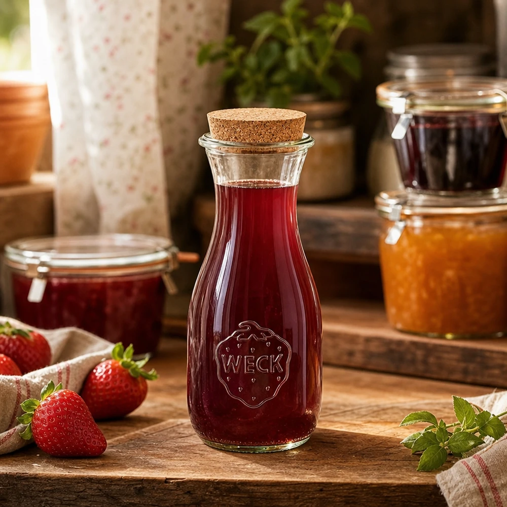 Butelka na sok 530ml WECK RR60 z korkiem naturalna Butelka soku WECK 530ml wypełniona czerwonym sokiem na drewnianym stole obok słoików z dżemem i świeżych truskawek Kuchnia