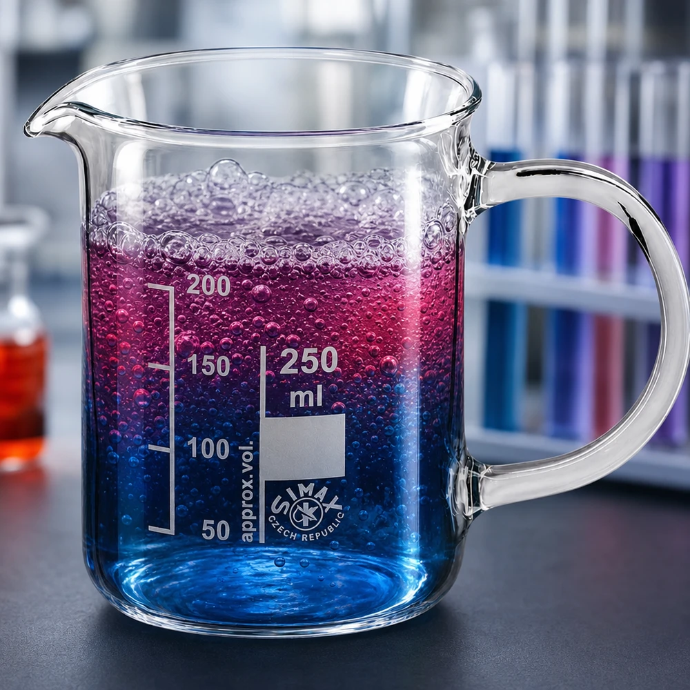 Zlewka 250 ml ze szkła borokrzemowego, z uchwytem Szklanka o pojemności 250 ml z uchwytem, zawierająca niebiesko-fioletowy płyn z pęcherzykami, w otoczeniu laboratoryjnym