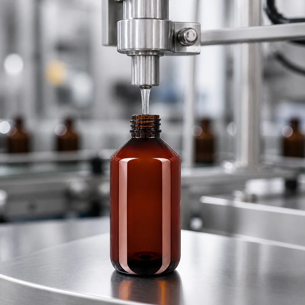 Butelka PET 500 ml z brązową nakrętką Standard Rundflasche 500ml PET braun mit Standardverschluss auf rotierendem Drehteller der Abfüllmaschine
