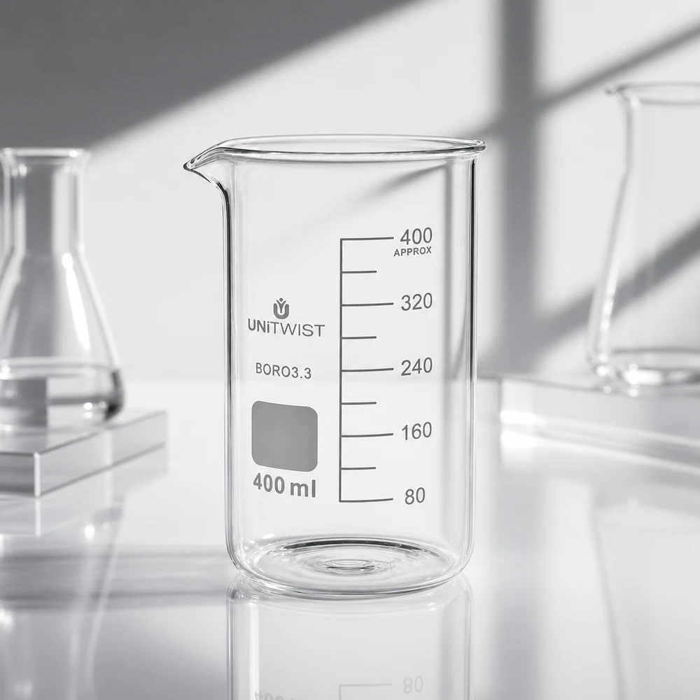 Pusta, przezroczysta szklanka laboratoryjna o pojemności 400 ml, wysoka, wykonana ze szkła borokrzemowego 3.3, z podziałką od 80 do 400 ml, UNITWIST