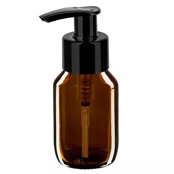 Butelka na lek 50 ml, brązowa, z pompką dozującą, czarny ApoGlas. Farmaceutyczna jakość produkcji UE. Gwint 28 mm (PP28). (syrop, butelka z lekkiego szkła) Butelka na lek 50 ml, brązowa, z pompką dozującą, czarny ApoGlas. Farmaceutyczna jakość produkcji UE. Gwint 28 mm (PP28). (syrop, butelka z lekkiego szkła)