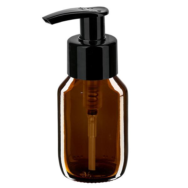 Butelka na lek 50 ml, brązowa, z pompką dozującą, czarny ApoGlas. Farmaceutyczna jakość produkcji UE. Gwint 28 mm (PP28). (syrop, butelka z lekkiego szkła) Butelka na lek 50 ml, brązowa, z pompką dozującą, czarny ApoGlas. Farmaceutyczna jakość produkcji UE. Gwint 28 mm (PP28). (syrop, butelka z lekkiego szkła)