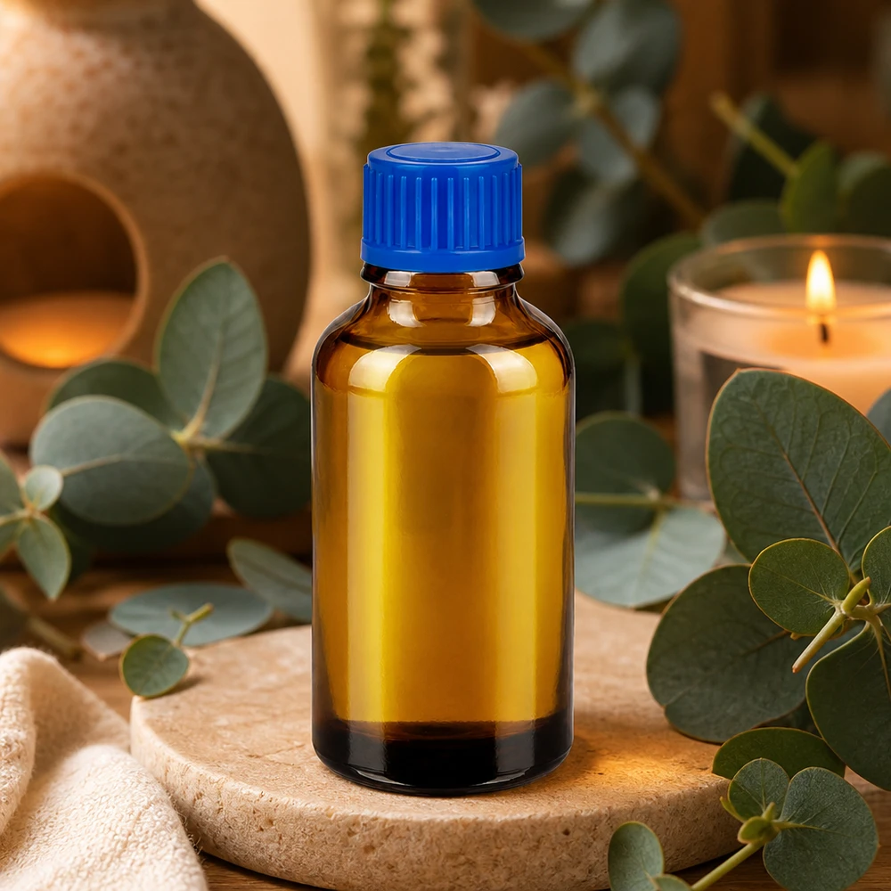 Butelka 30 ml 11 mm SV niebieska STD BrownLine UT18/30 Butelka aptekarska 30 ml z brązowego szkła z niebieskim zakraplaczem do aromaterapii