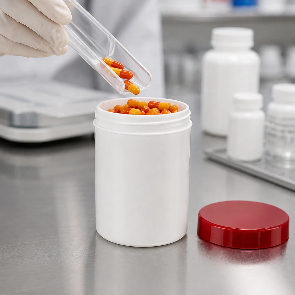 Farmaceuta napełnia kapsułki do białego słoika na maści z PP o pojemności 150 g z czerwoną zakrętką, stojącego na stole ze stali nierdzewnej