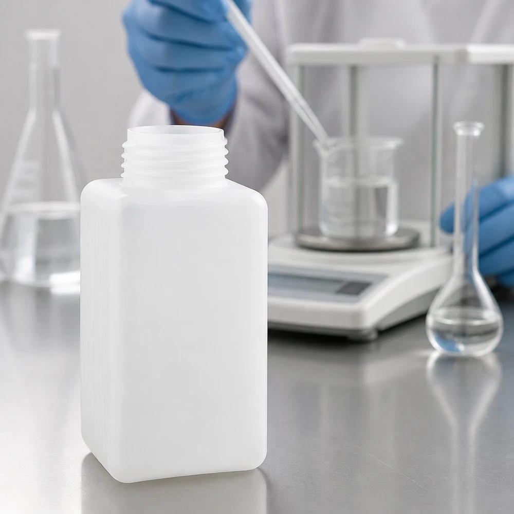 Kwadratowa butelka na chemikalia z PE-HD o pojemności 1500 ml, w kolorze naturalnym, z szerokim gwintem śrubowym, do zastosowań laboratoryjnych