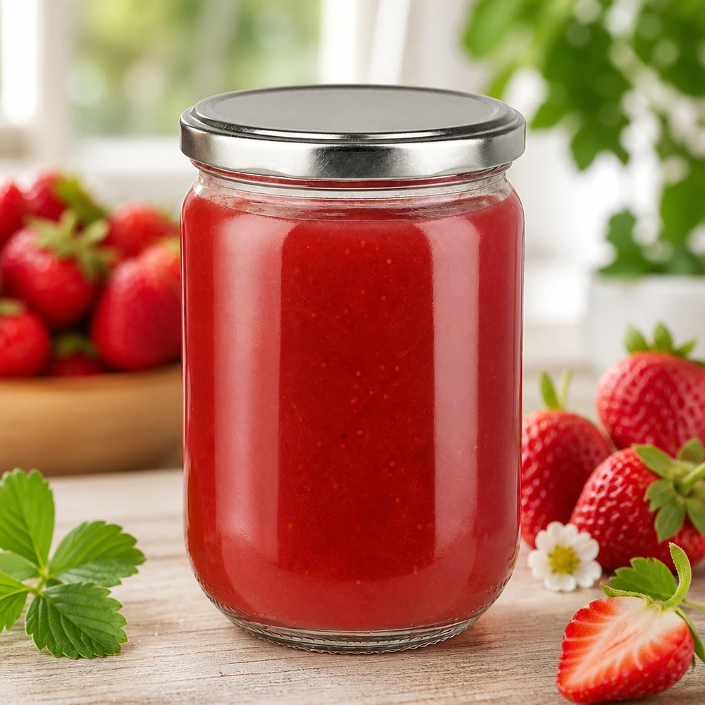 Okrągła szklanka 555 ml + pokrywka BasicSeal w kolorze srebrnym UNiTWIST Okrągły słoik o pojemności 555 ml z pokrywką BasicSeal w kolorze srebrnym, wypełniony domowym dżemem truskawkowym, stojący na drewnianym stole