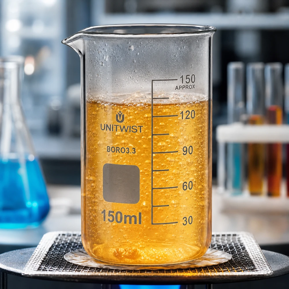 Zlewka 150 ml borokrzemianowa, wysoka UNITWIST Szklanka UNITWIST o pojemności 150 ml, wysoka, z borokrzemianu, z gotującą się pomarańczowo-żółtą cieczą na płycie grzejnej