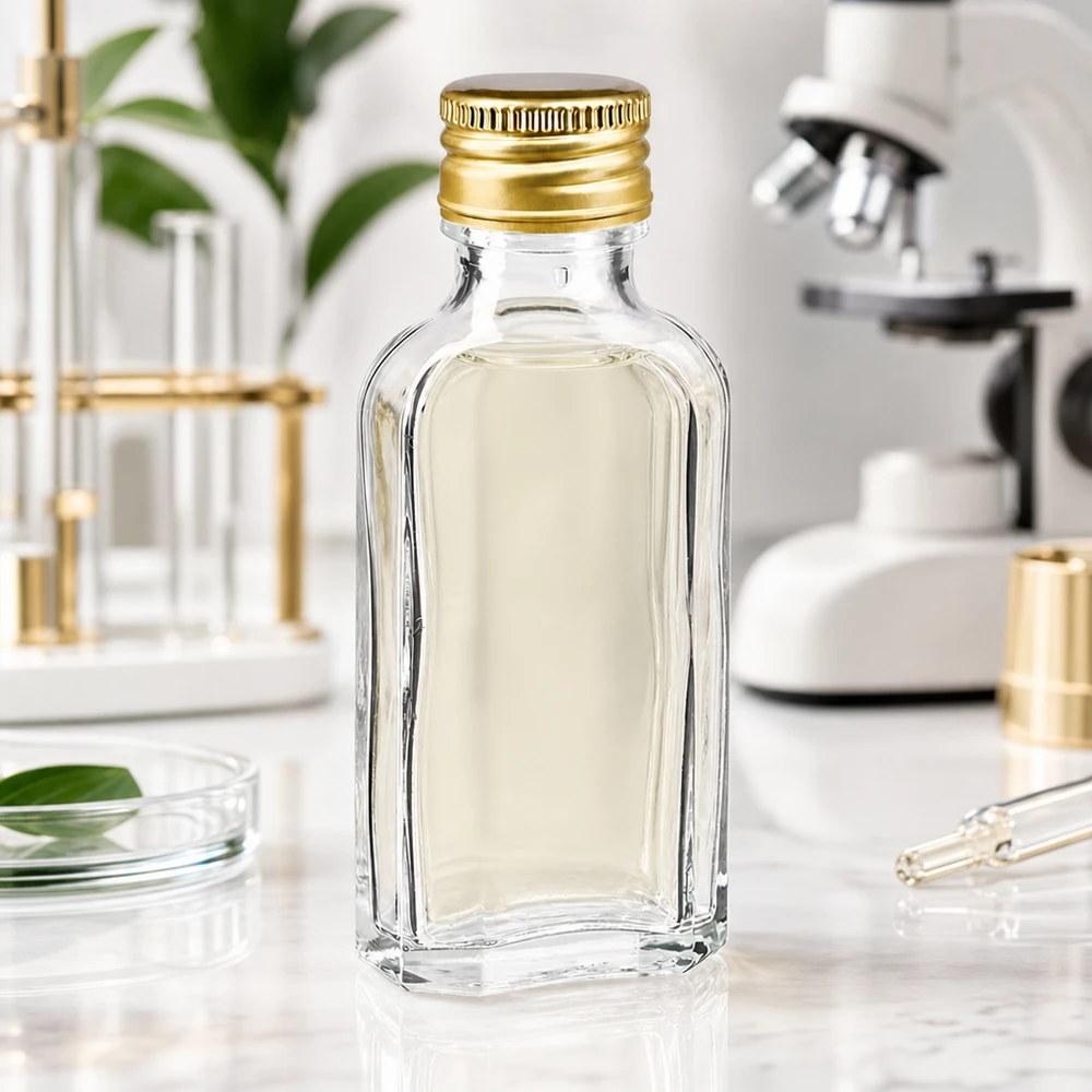 50 ml Meplat przezroczysty z aluminiowym kapslem złoty PP22 Przezroczysta buteleczka Meplat o pojemności 50 ml z błyszczącą na złoto aluminiową zakrętką PP22 w laboratorium naukowym