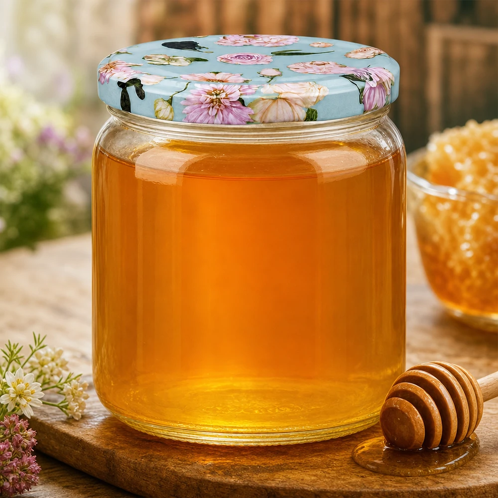 425 ml okrągły słoik z kwiatowo-miętową pokrywką pełen miodu - słoik miodu z kwiatowym wzorem i drewnianą łyżką na drewnianej desce
