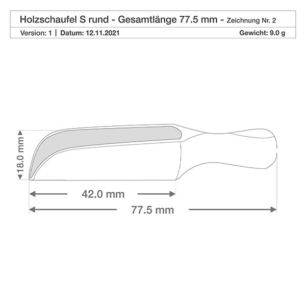 Drewniana łopata w rozmiarze S o półokrągłym kształcie i długości 7,5 cm Szczegółowy rysunek wymiarowy małej łopaty z drewna bukowego o długości 42 mm i wysokości 18 mm w widoku z boku.