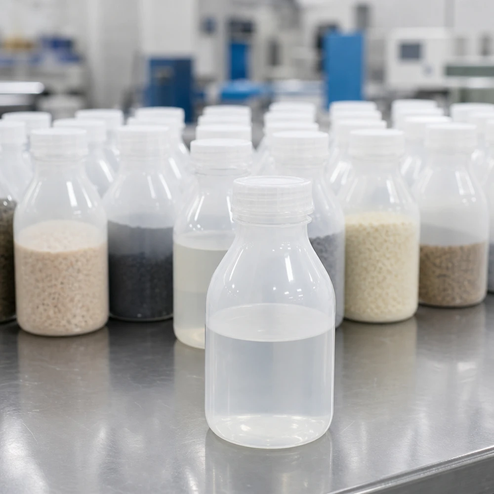 Kilka 20 ml butelek laboratoryjnych z wąską szyjką, bez nakrętek, zawierających różne granulaty i ciecze