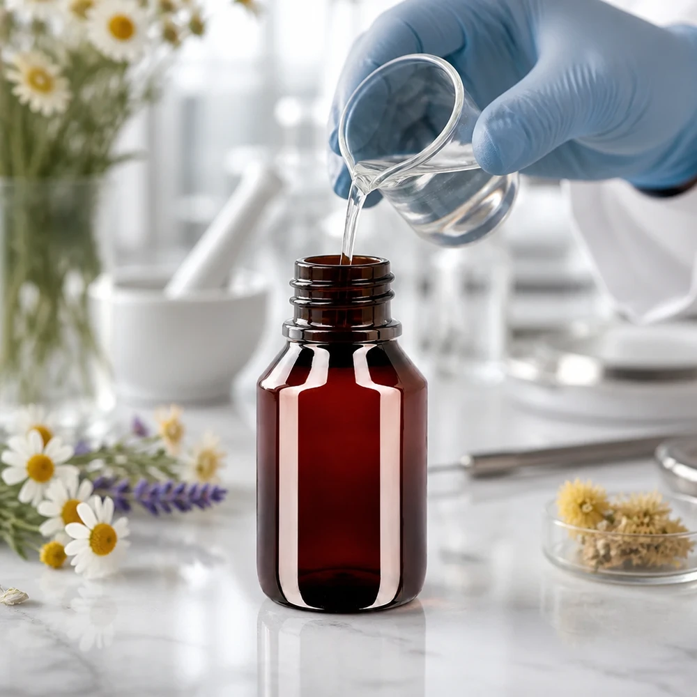 Butelka PET 50 ml z niebieską nakrętką OV Mała buteleczka z brązowego szkła o pojemności 50 ml, wykonana z PET, z niebieską nakrętką zabezpieczoną przed dziećmi, przeznaczona do produktów naturalnych