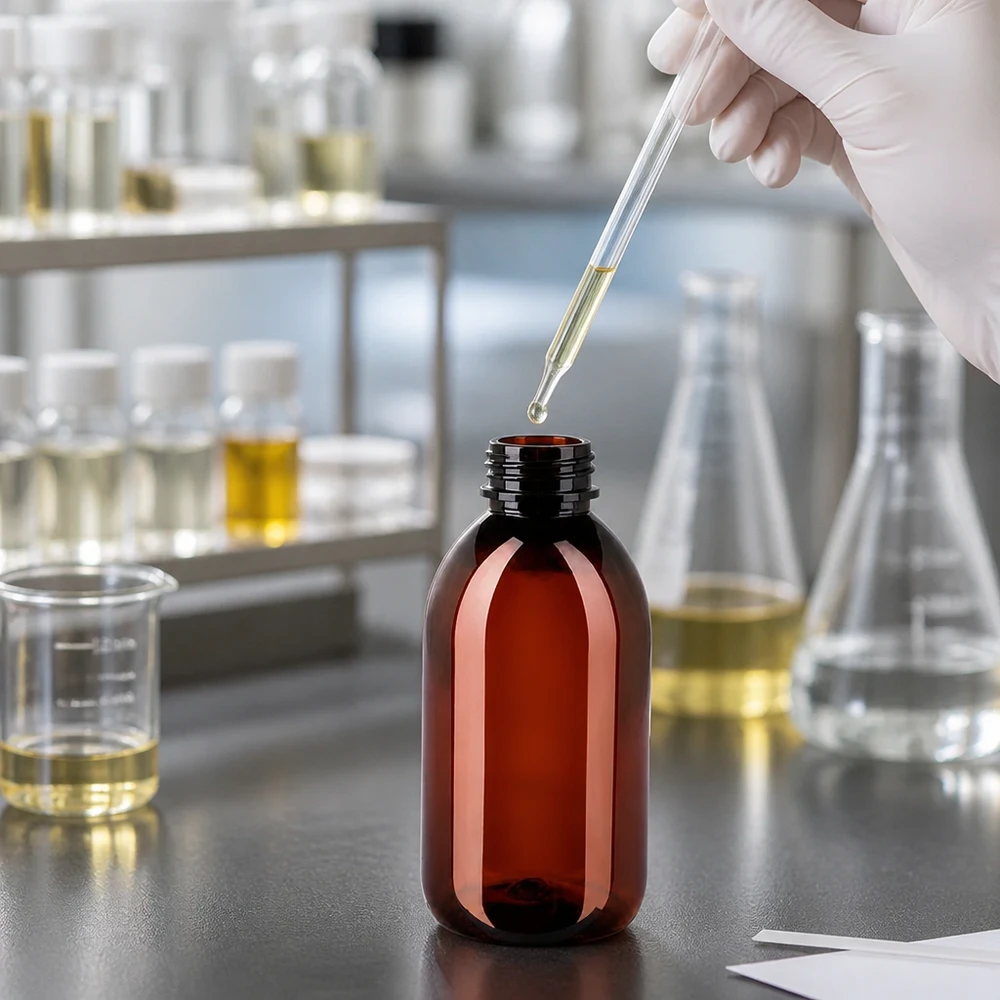 Scena laboratoryjna z brązową butelką PET o pojemności 250 ml i pipetą podczas napełniania żółtawą cieczą