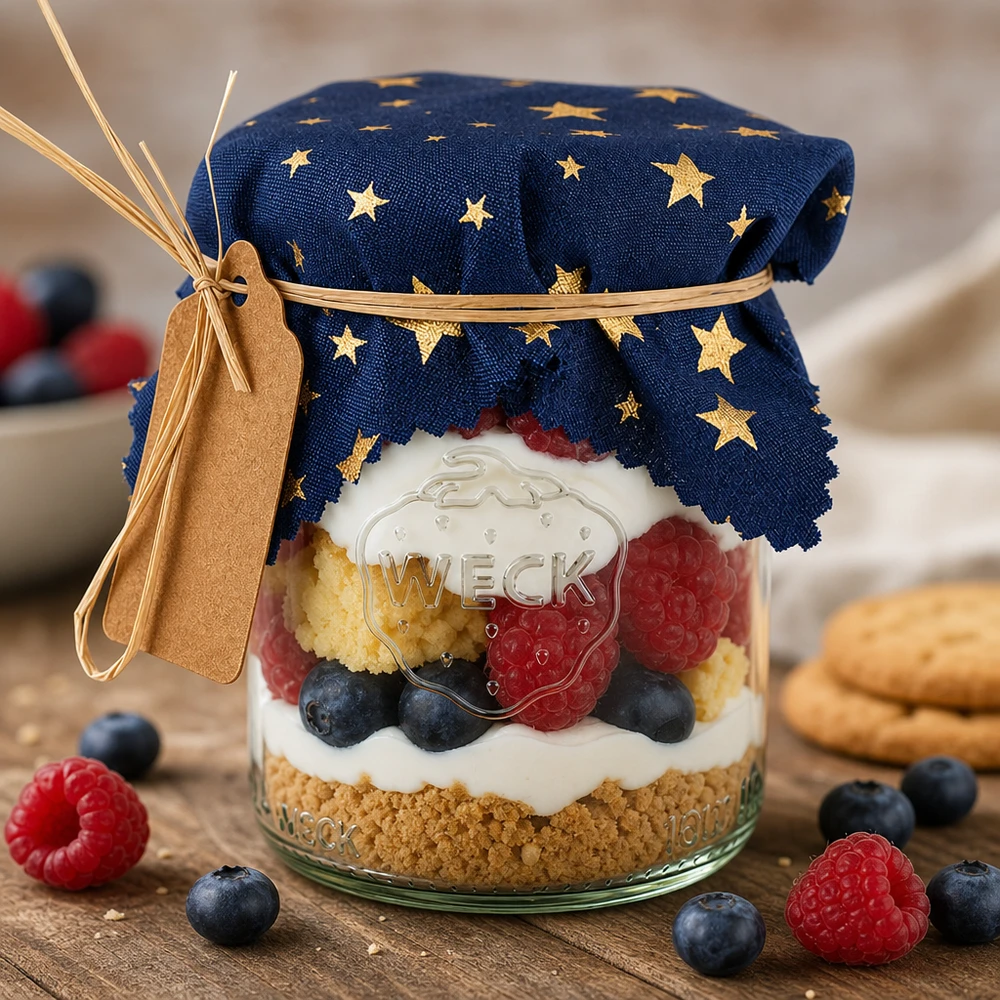 Tkanina serwetka gwiazdki niebieski kwadrat 120x120mm Dessert im Glas mit blauem Sternen-Stoffdeckchen, Beeren-Trifle dekorativ abgedeckt, festliche Präsentation für Gäste