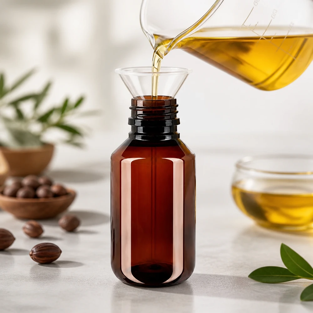 Braune PET Flasche 100ml mit breitem Schraubverschluss beim Öl-Abfüllprozess in heller Umgebung