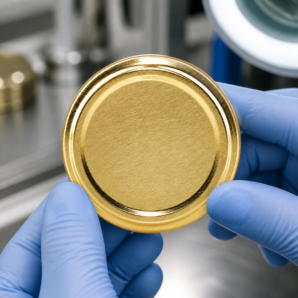 Kontrola jakości złotych pokrywek TO63 o średnicy 63 mm przy użyciu rękawic ochronnych w warunkach laboratoryjnych
