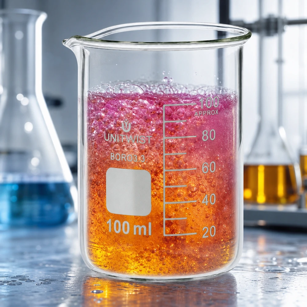 Szklanka o pojemności 100 ml, niskiego kształtu, z pomarańczowo-różowym płynem reakcyjnym i tworzeniem się pęcherzyków UNiTWIST