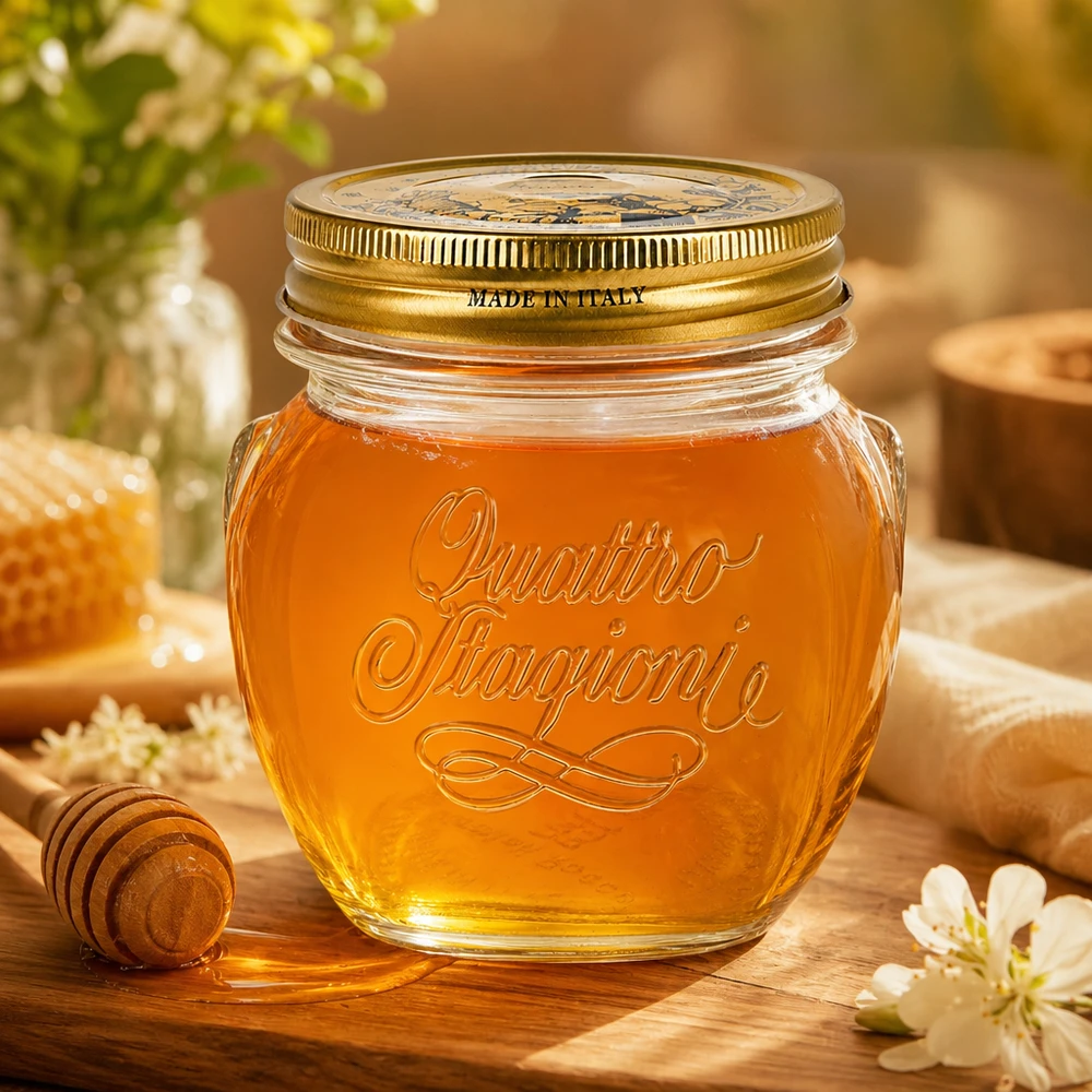 Słoik okrągły 300 ml „Quattro Stagioni” z pokrywką Quattro Stagioni 300ml okrągły słoik ze złotą pokrywką wypełniony miodem na drewnianym stole Made in Italy