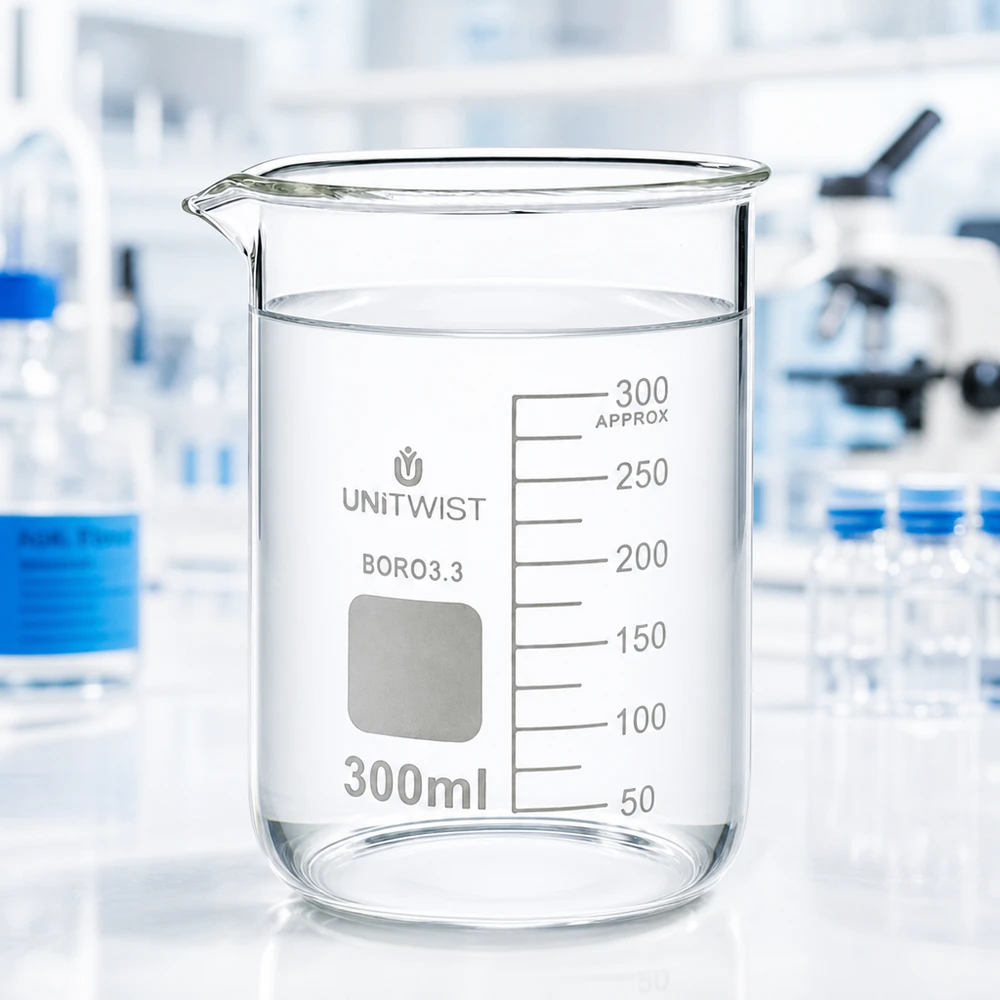 Zdjęcie laboratoryjne: zlewka UNiTWIST o pojemności 300 ml, wykonana z borokrzemianu, o niskim profilu, ze skalą pomiarową w tle; mikroskop