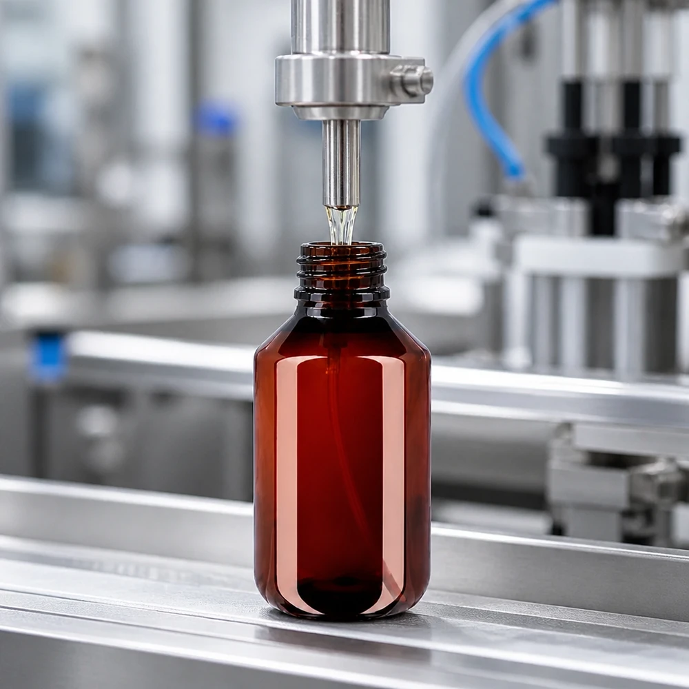 Hochwertige 100ml PET Rundflasche in Braun durchläuft automatisierten Abfüllprozess