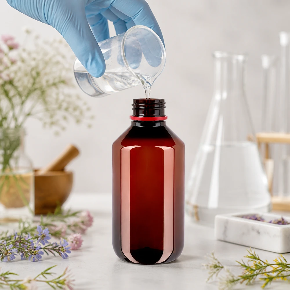 Okrągła butelka PET o pojemności 200 ml w kolorze bursztynowym z zamknięciem OV jest napełniana w laboratorium