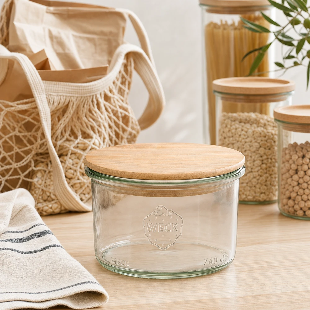 Kubki 200 ml WECK RR80 z drewnianą pokrywką WECK Sturzglas 200ml mit Holzdeckel in moderner Zero-Waste Küche mit Vorratsgläsern und nachhaltigen Textilien