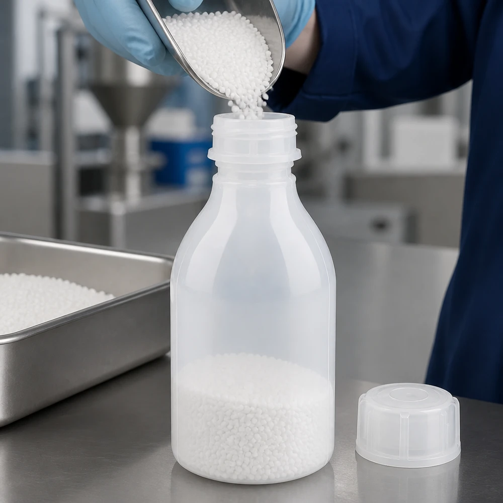 Laborant wsypuje białe granulki z tworzywa sztucznego za pomocą łopatki do butelki z wąską szyjką i zakrętką o pojemności 30 ml