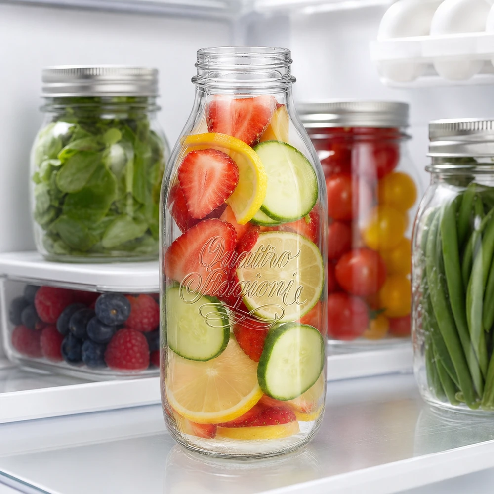 Butelka z szeroką szyjką o pojemności 1000 ml "Quattro Stagioni" Quattro Stagioni 1000ml Weithalsflasche mit Obst und Gemüse im Kühlschrank für Infused Water und Meal Prep