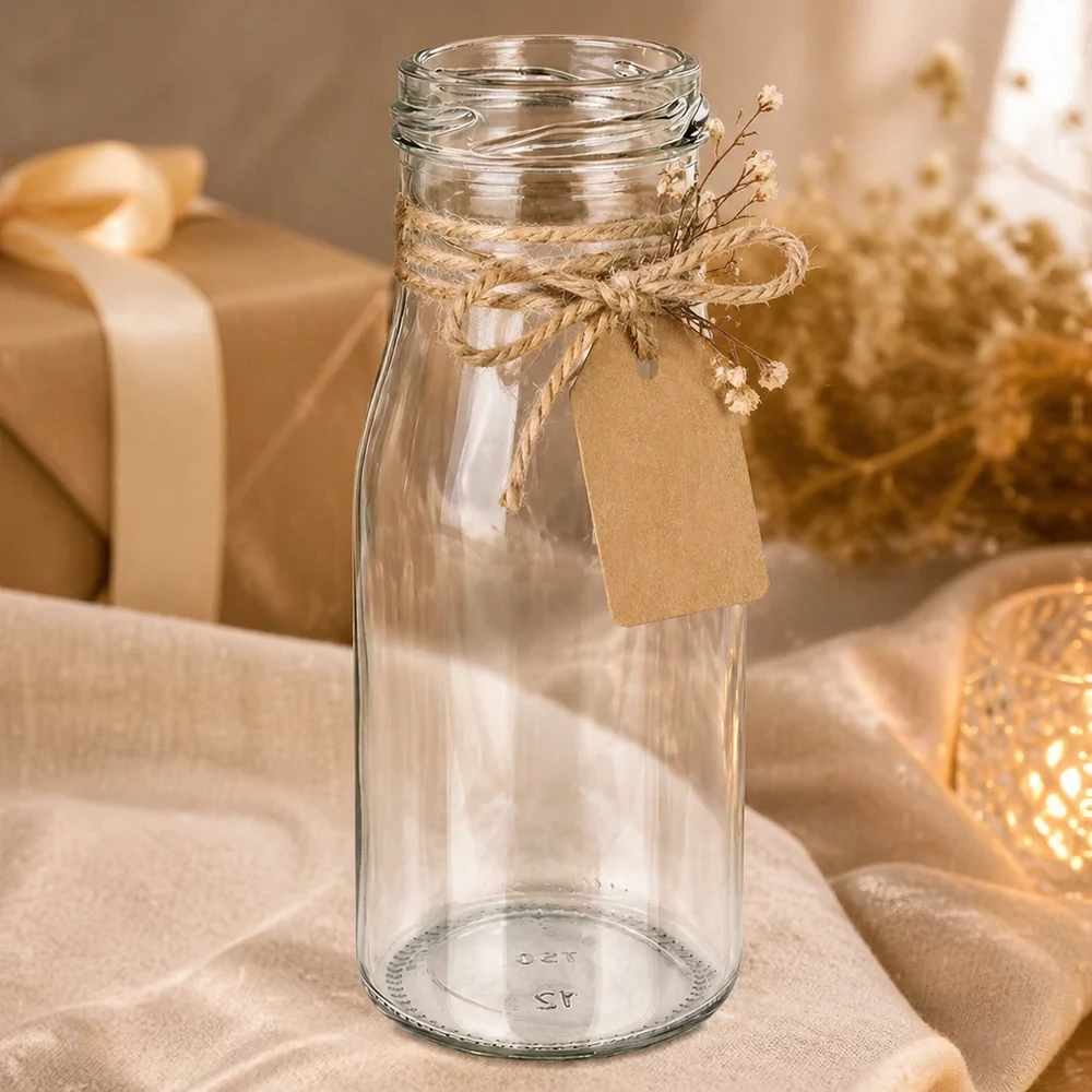 UNiTWIST Bottle150 - Zawartość butelki 150ml TO43 UNiTWIST Bottle150 Szklana butelka 150ml TO43 pusta z jutowym sznurkiem i zawieszką w stylu rustykalnym