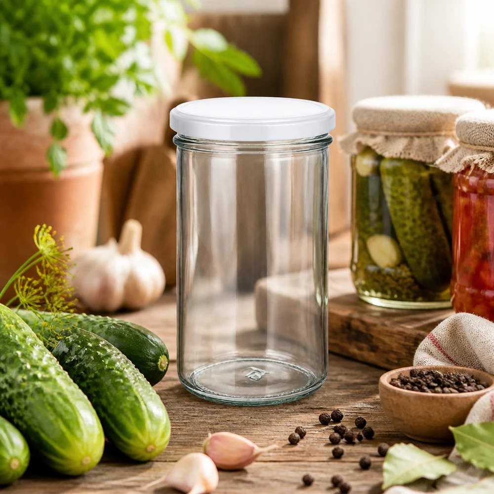 277 ml słoik z pokrywką BasicSeal, biały UN.. 277ml Sturzglas in rustikaler Küchenszene mit Gurken und Gewürzen - vielseitiges Einmachglas für Pickles