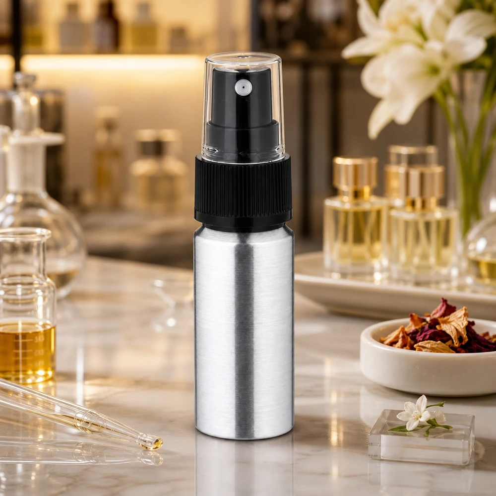 Butelka z polerowanego aluminium o pojemności 20 ml z atomizerem Srebrny aluminiowy flakonik 20 ml z atomizerem - idealny rozmiar podróżny dla perfum i kosmetyków
