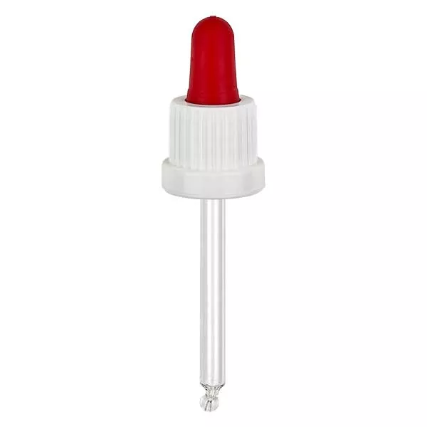 Nasadka do pipet biała/czerwona DIN18, długość pipety 66 mm z pierścieniem zabezpieczającym przed manipulacją. Nie przepuszcza alkoholu. Do ApoGlas® 20 ml Brown(+++) i 20 ml Mironglas(+++) z gwintem 18 mm.