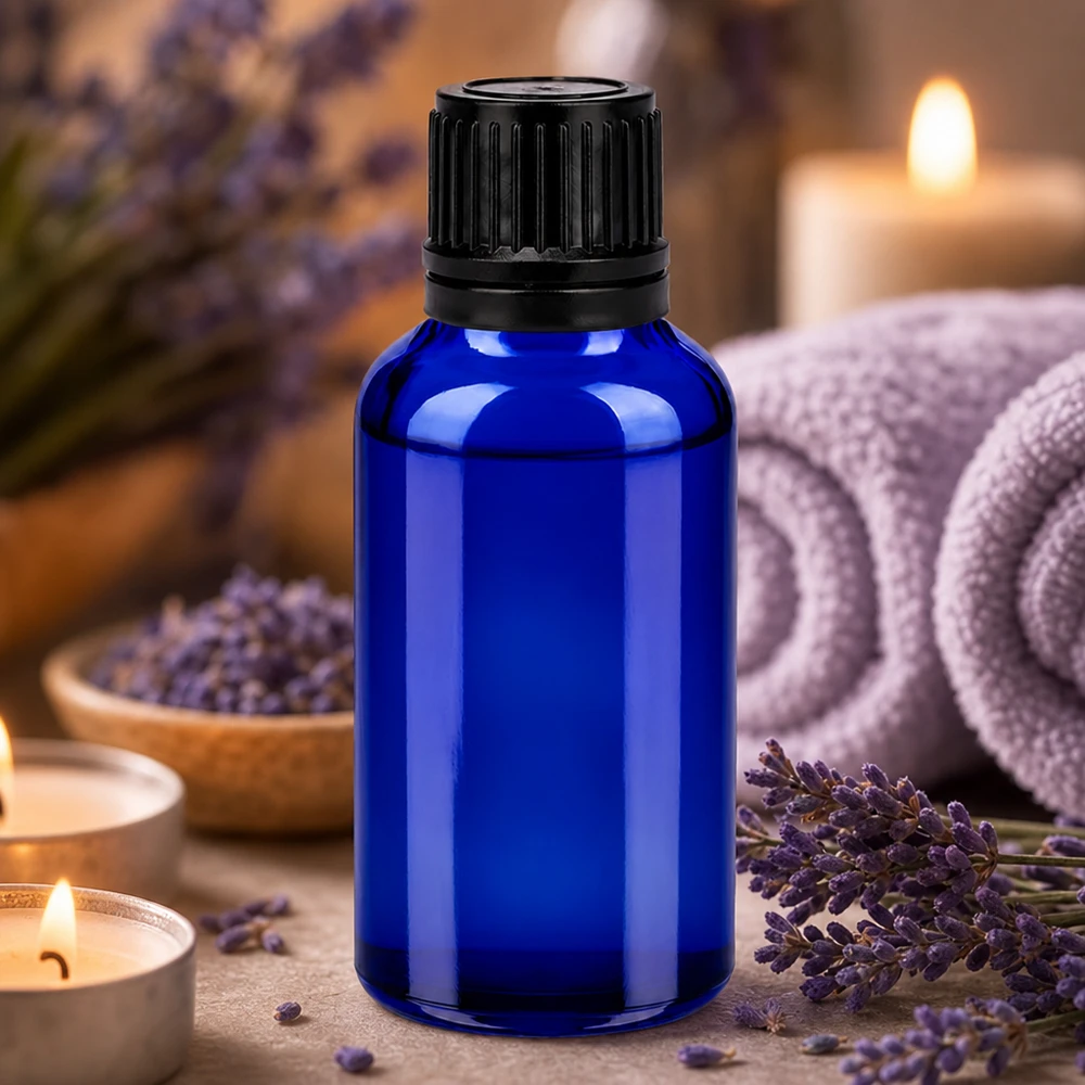 Butelka 30 ml, 11 mm SV, czarna OV BlueLine UT18/30 30 ml butelka do aromaterapii wykonana z wysokiej jakości niebieskiego szkła z zakrętką zabezpieczającą przed dziećmi