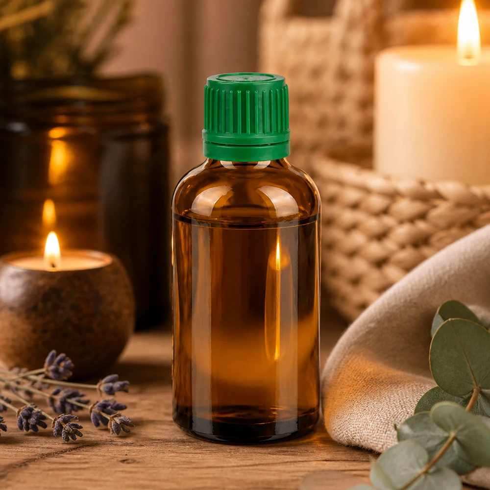 Stylowa butelka z bursztynowego szkła o pojemności 50 ml i eleganckim wyglądzie do profesjonalnej prezentacji produktu