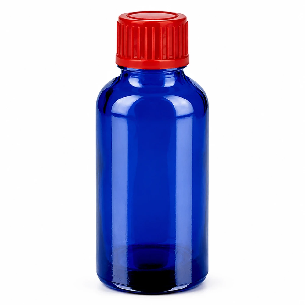 30 ml niebieska szklana butelka z czerwoną zakrętką do kosmetyków i farmaceutyków