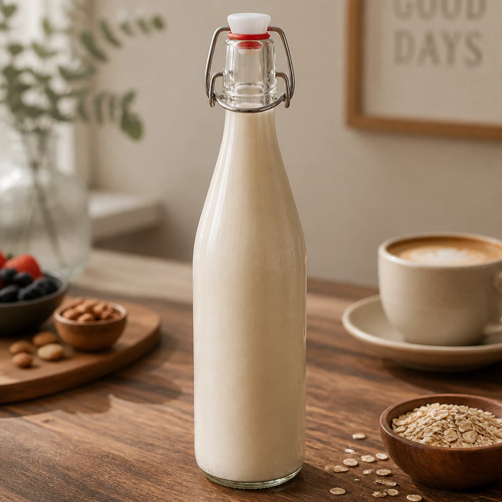 Szklana butelka o pojemności 500 ml wypełniona mlekiem owsianym na drewnianym stole obok filiżanki kawy i płatków owsianych.