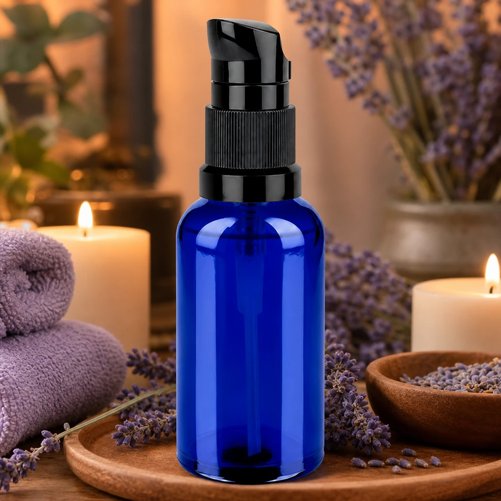 Butelka z pompką STD BlueLine UT18/50 o pojemności 50 ml, idealna do serum i olejków, w eleganckim niebieskim kolorze.