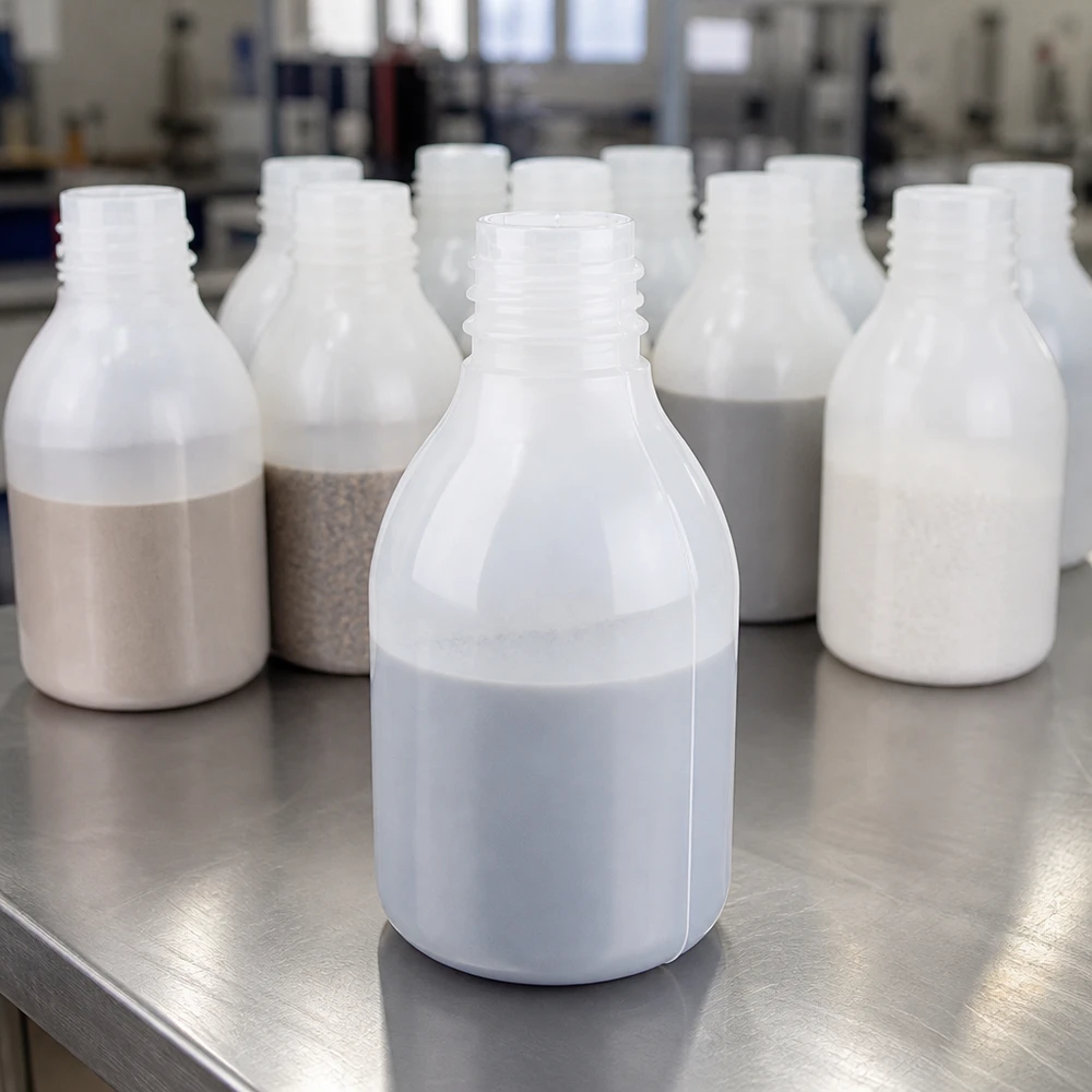 Butelka laboratoryjna 30 ml z wąską szyjką bez zakrętki Kilka laboratoryjnych butelek o wąskiej szyjce o pojemności 30 ml bez nakrętek, zawierających różne próbki proszku, na stole ze stali nierdzewnej