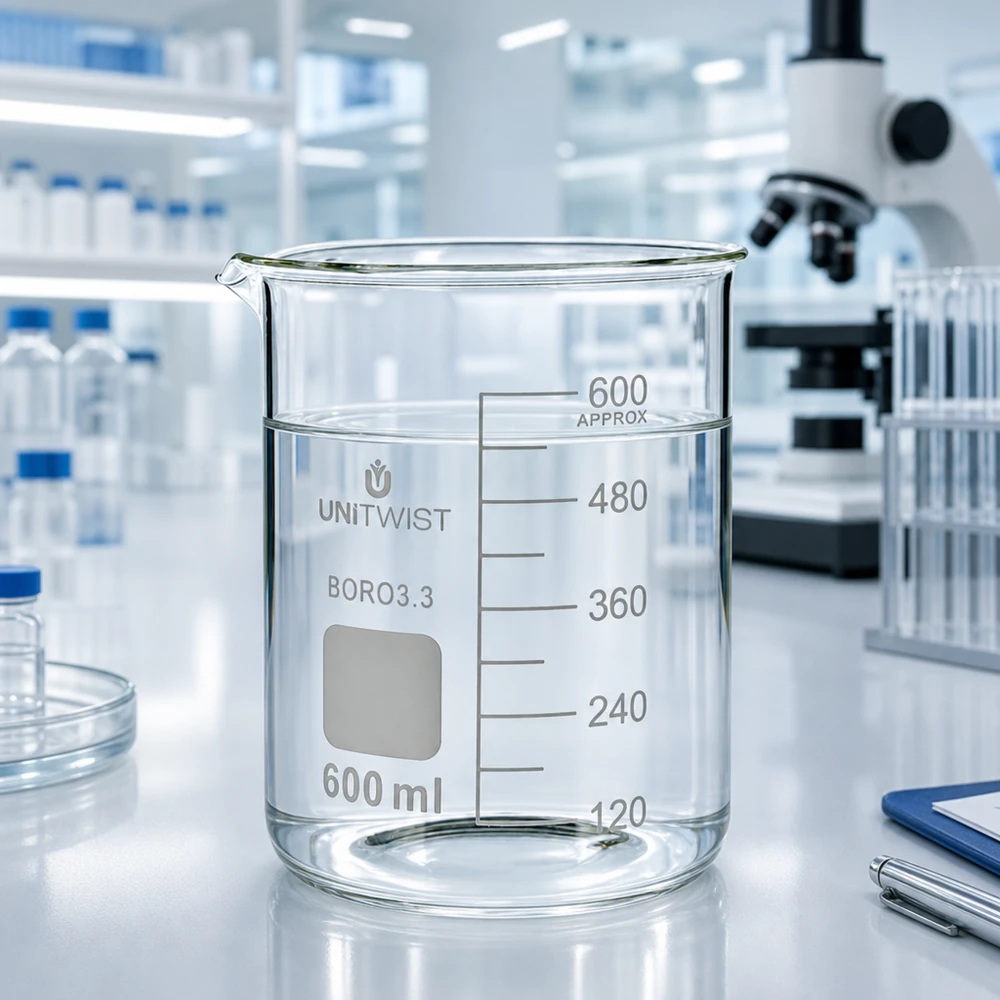 Zlewka 600 ml borokrzemianowa, niski kształt UNiTWIST Szklanka UNiTWIST 600 ml, borokrzemianowa 3.3, przezroczysta, z polem na opis, w nowoczesnym laboratorium