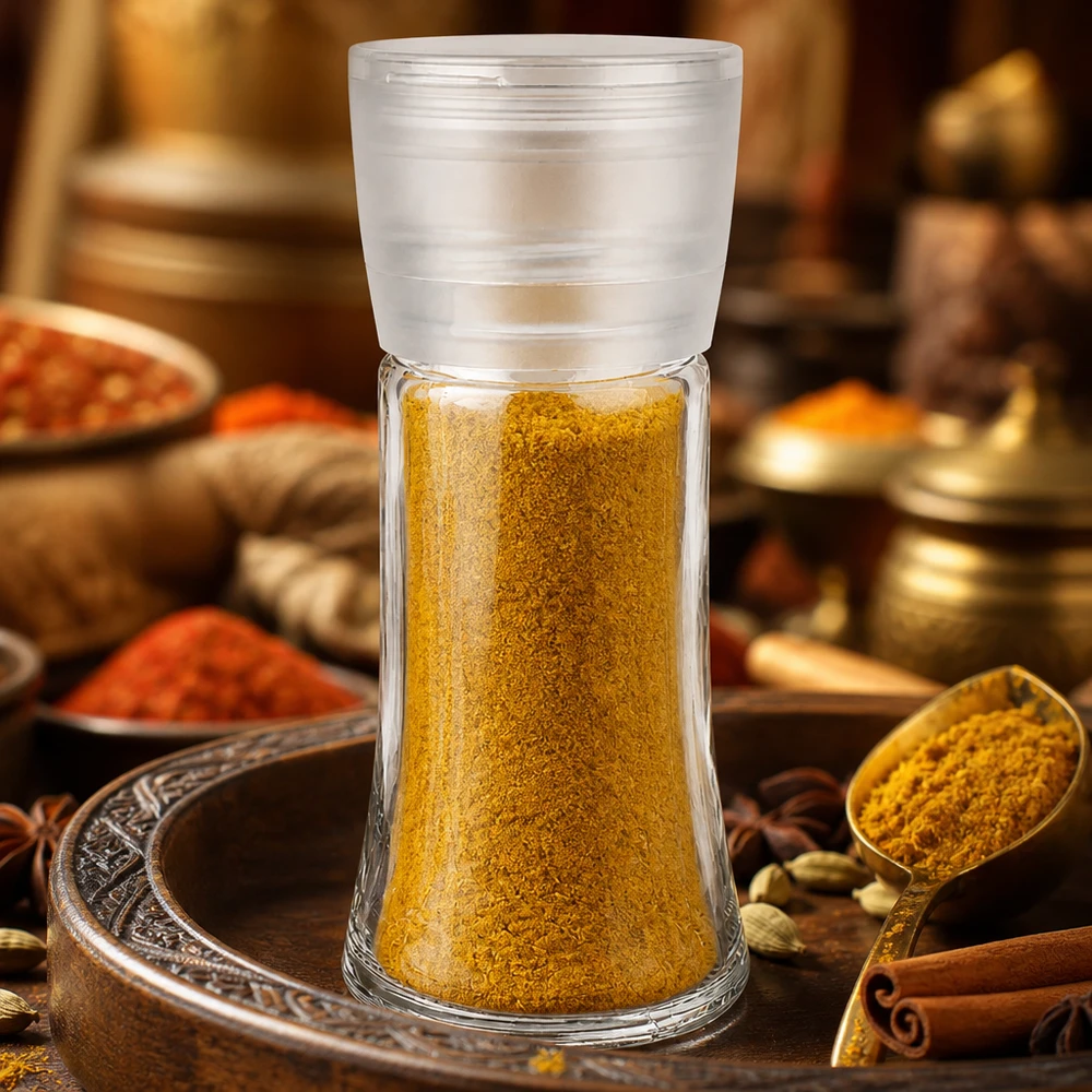 Słoik na sól/przyprawy 95 ml z młynkiem Vario, biały Słoik na przyprawy Vario o pojemności 95 ml z białym młynkiem, wypełniony żółtą curry w orientalnej oprawie