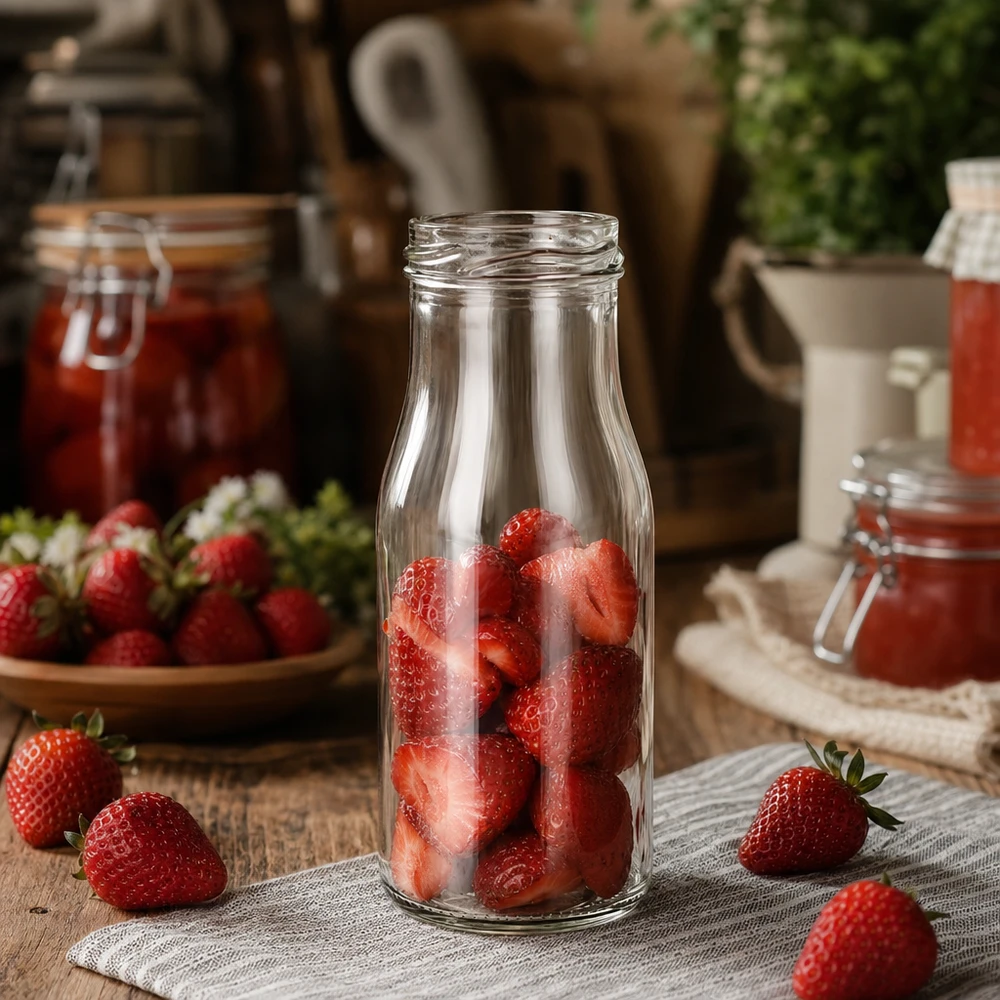UNiTWIST Bottle150 Szklana butelka 150ml TO43 wypełniona świeżymi truskawkami na rustykalnym drewnianym stole ze słoikami dżemu