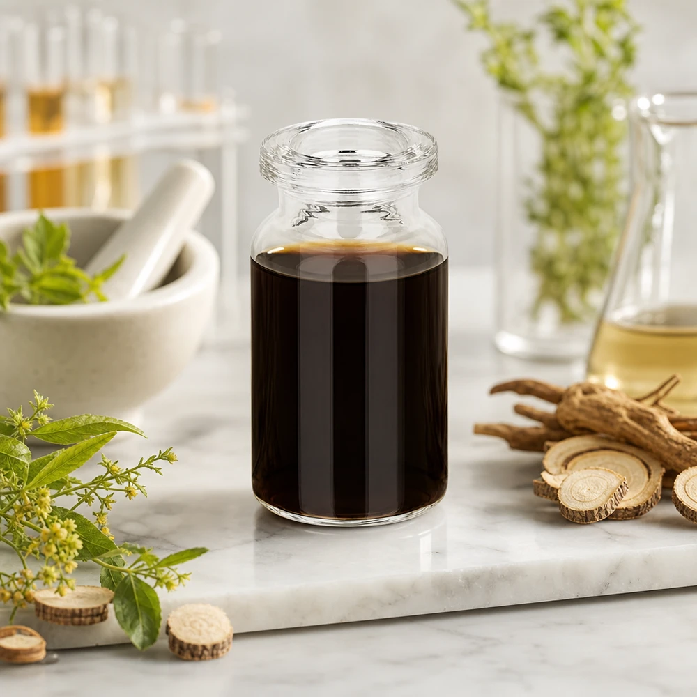 Butelka iniekcyjna z przezroczystego szkła 5 ml Klarglas Injektionsflasche 5ml für Naturextrakte mit Likörwurzel und grünen Kräutern dekoriert