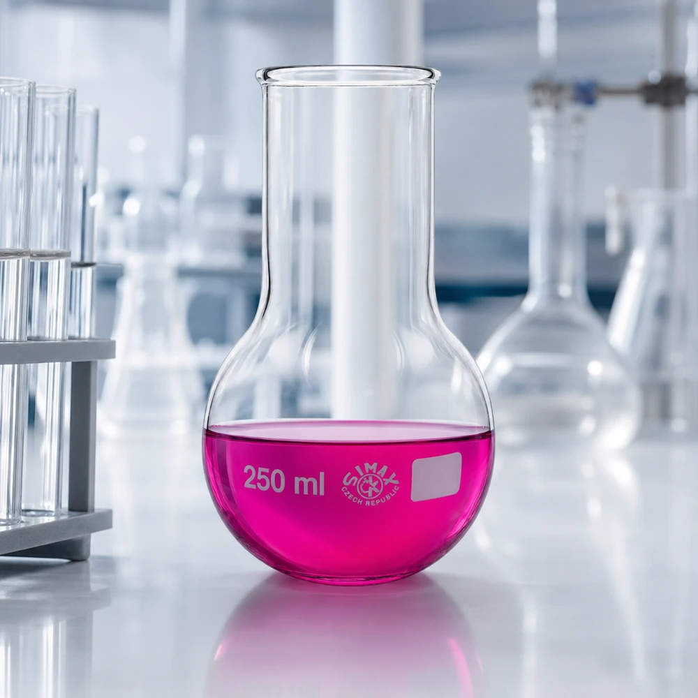 Kolba biodrowa z szeroką szyjką 250 ml Kolba laboratoryjna 250 ml z szerokim otworem i różowym płynem do eksperymentów chemicznych