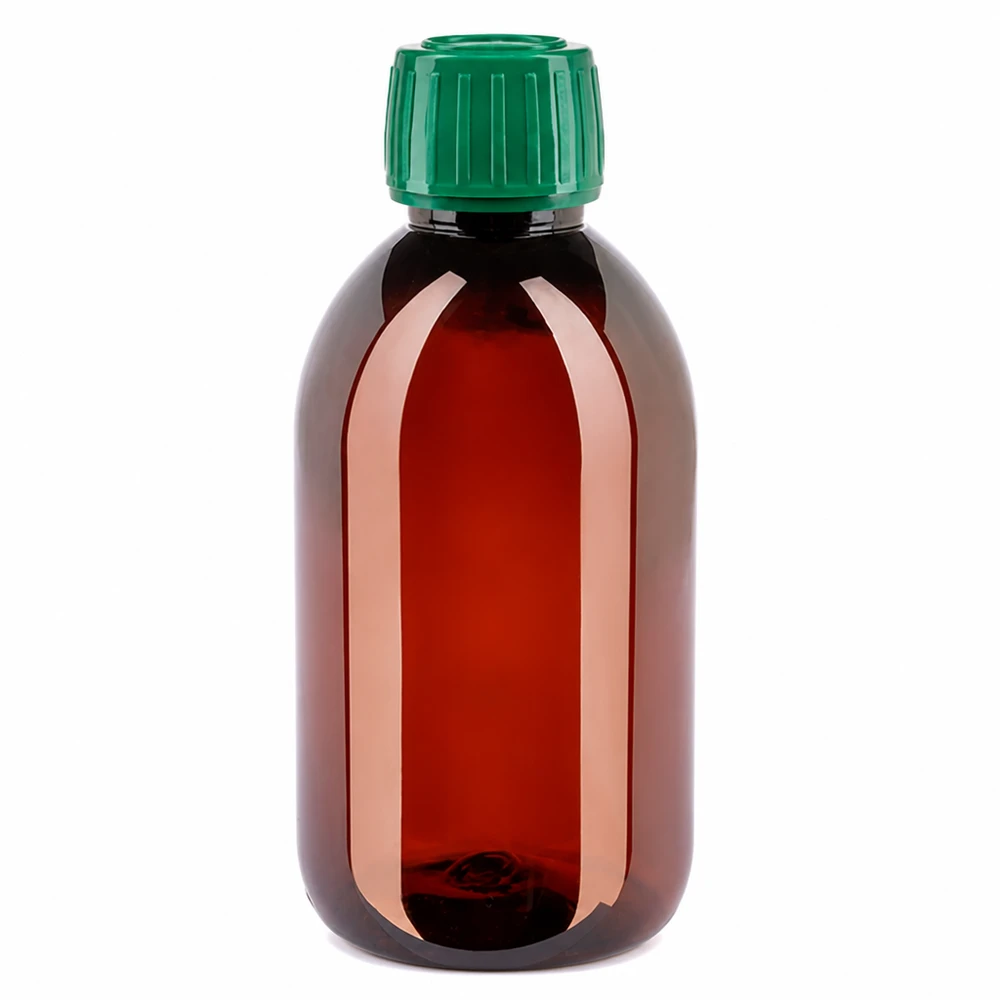 Brązowa butelka PET o pojemności 250 ml z zielonym zamknięciem zabezpieczającym, przeznaczona dla branży farmaceutycznej i kosmetycznej