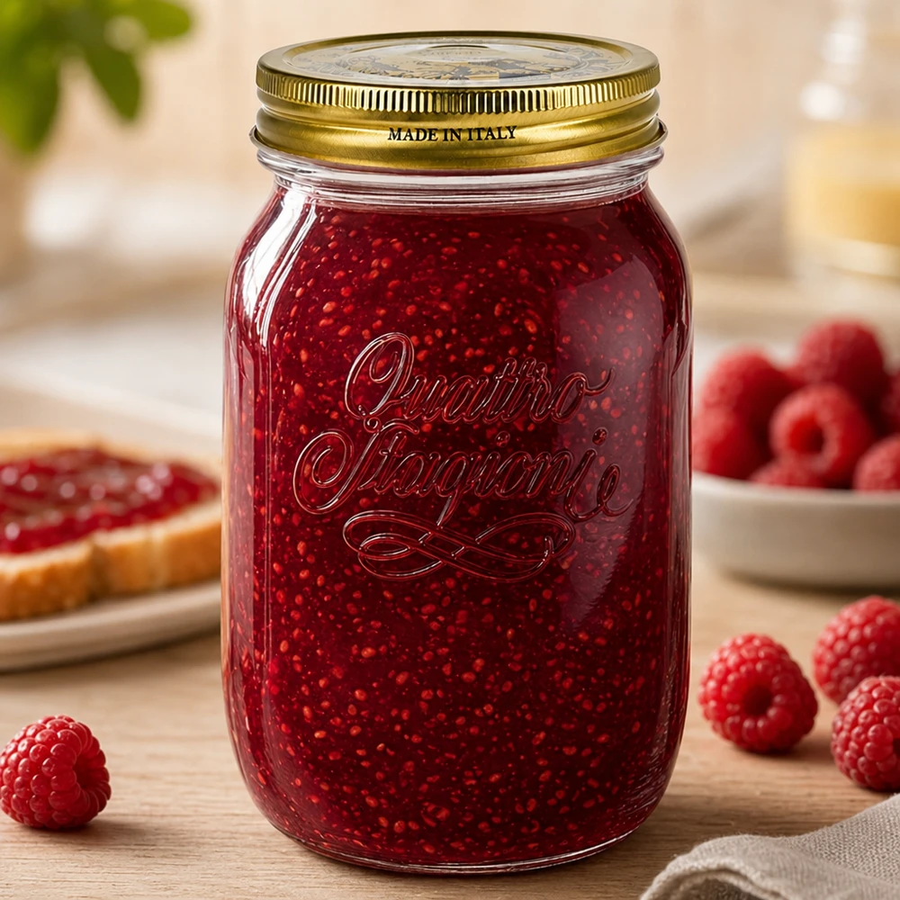 1000 ml słoik Quattro Stagioni wypełniony dżemem malinowym otoczonym świeżymi malinami Włoski słoik na przetwory