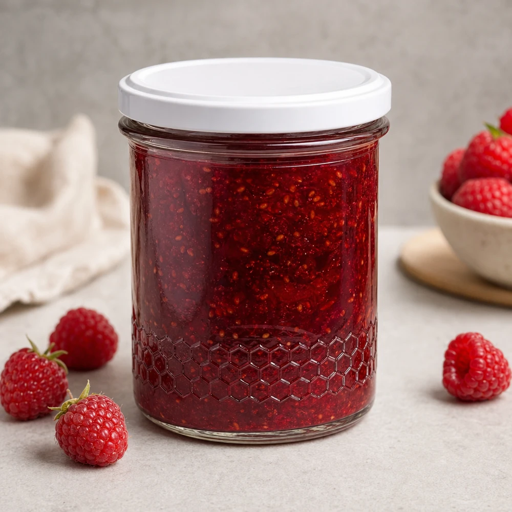 560g Honigglas + BasicSeal Deckel weiß UNiTWIST 400ml słoik na miód jako słoik na dżem truskawkowy wypełniony świeżymi truskawkami dekoracyjne zastosowanie kuchenne