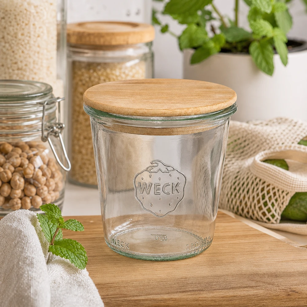 Kubki WECK 290ml RR80 z drewnianą pokrywką w zrównoważonej kuchni ze słoikami do przechowywania ziół i naturalnych materiałów