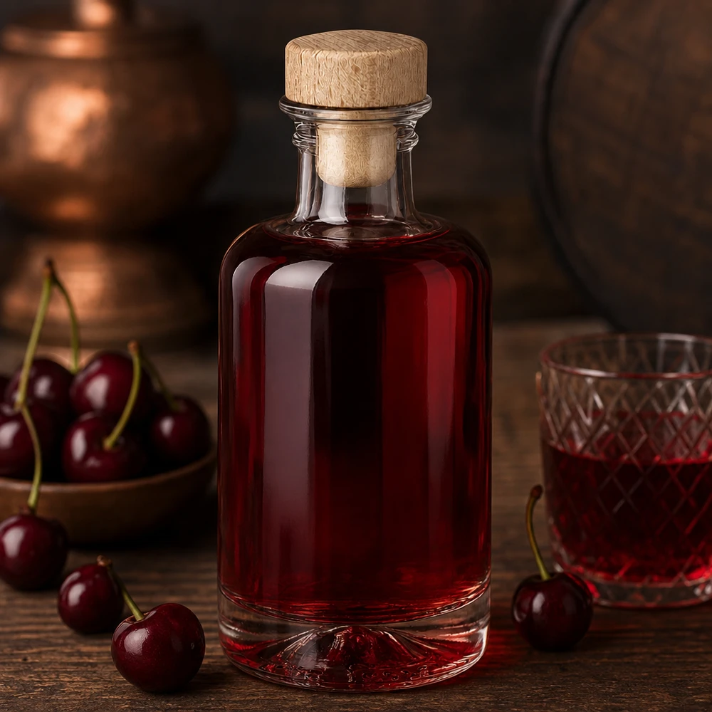 100ml Glasflasche Sofia mit Holzkorken gefüllt mit rotem Kirschlikör neben frischen Kirschen rustikale Küche